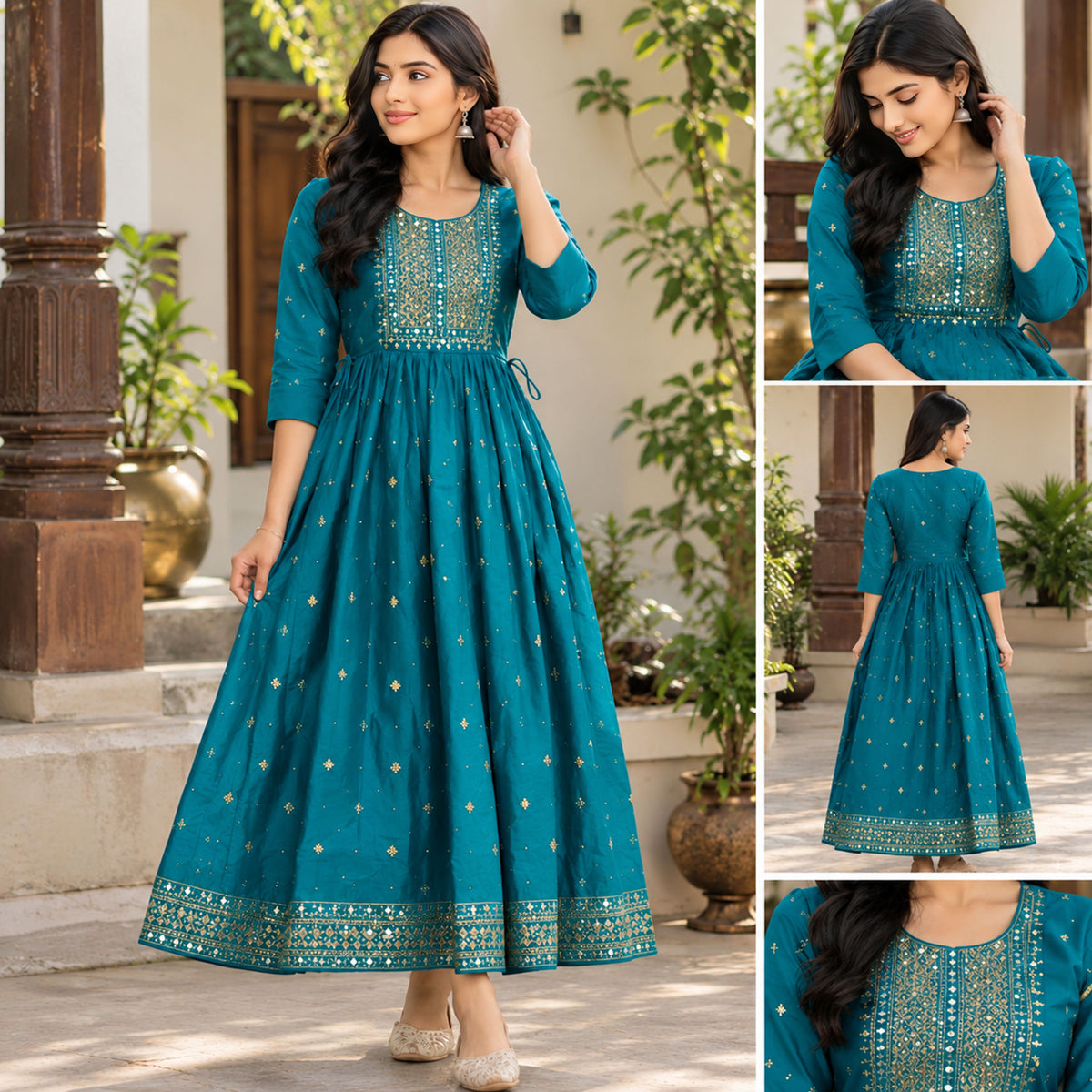 Premium Pure Cotton Anarkali Midi Dress – Elegant Embroidery & Diamond Stone Work