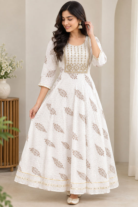 Women’s Pure Cotton Printed & Embroidered Anarkali Midi Dress