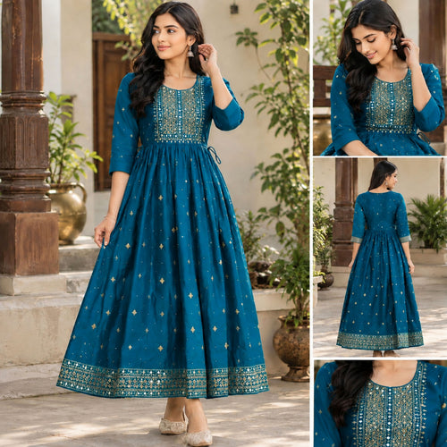 Premium Pure Cotton Anarkali Midi Dress – Elegant Embroidery & Diamond Stone Work