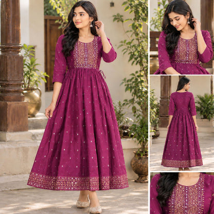 Premium Pure Cotton Anarkali Midi Dress – Elegant Embroidery & Diamond Stone Work