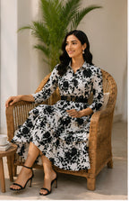 Black & White Floral Print Tiered Midi Dress