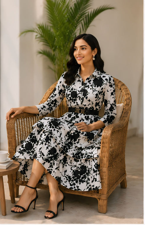 Black & White Floral Print Tiered Midi Dress