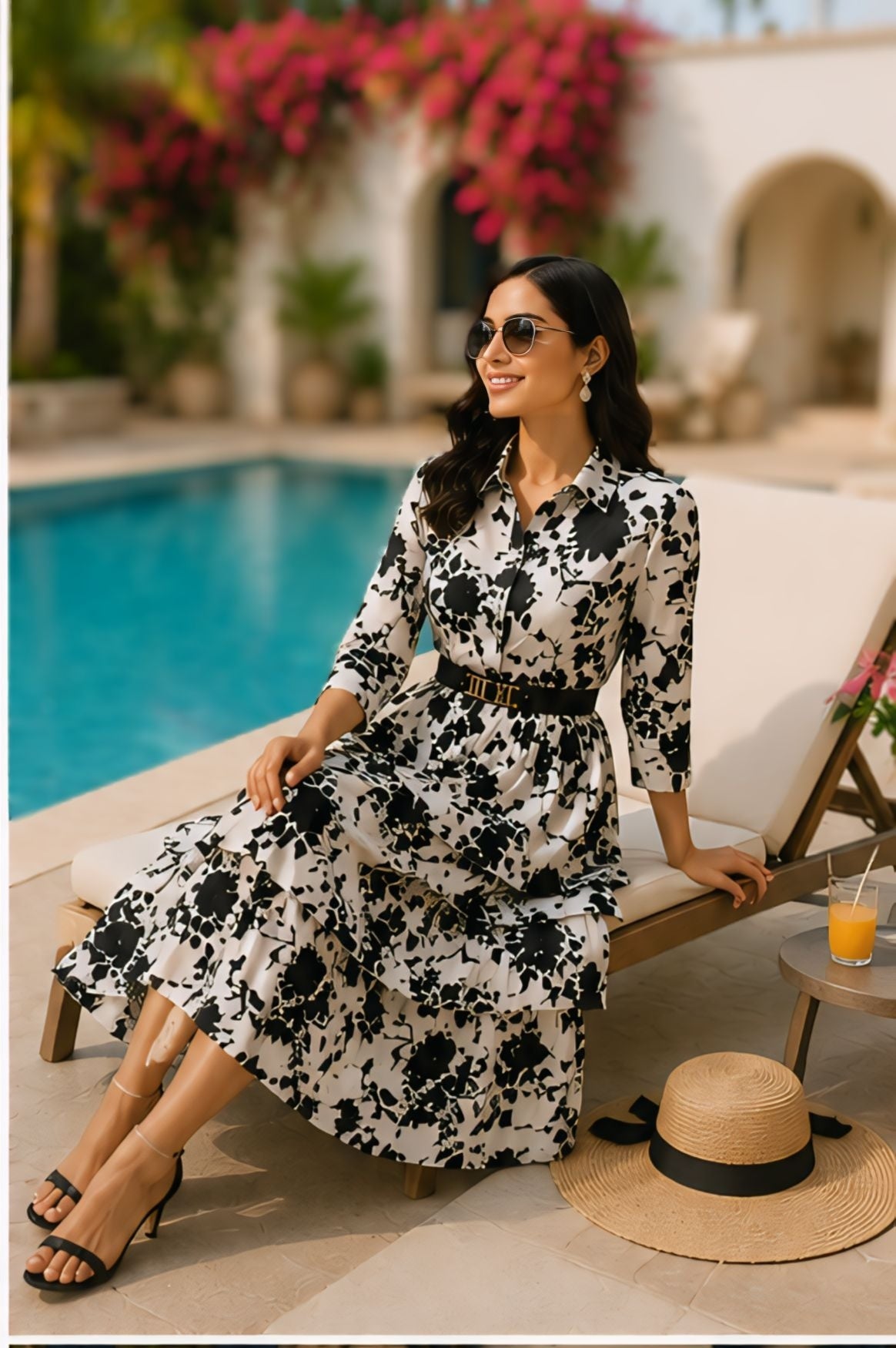 Black & White Floral Print Tiered Midi Dress