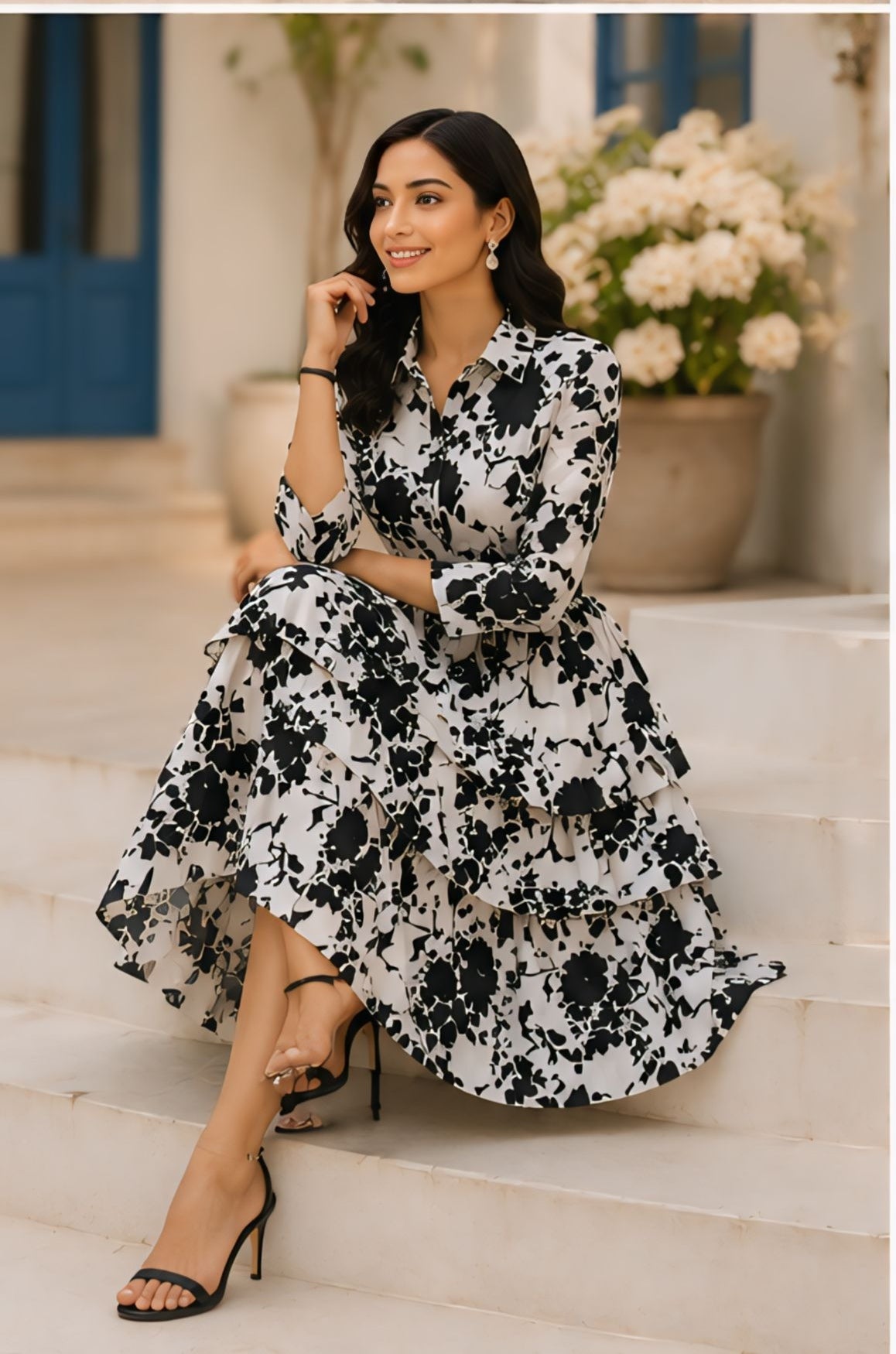 Black & White Floral Print Tiered Midi Dress