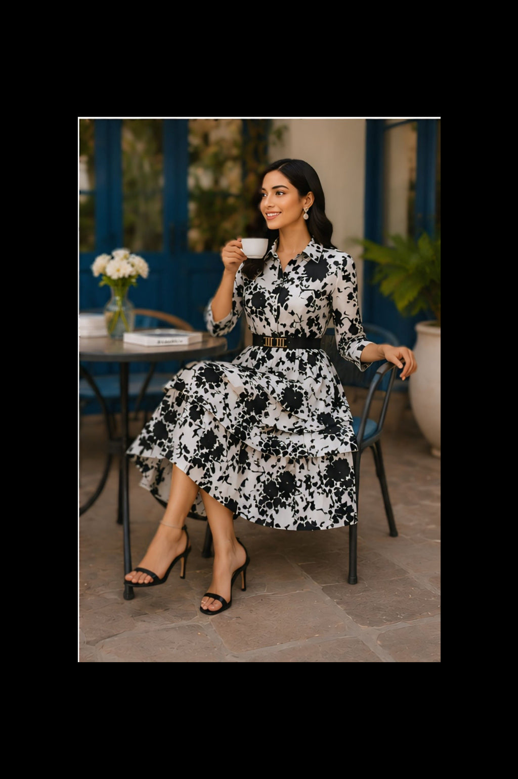 Black & White Floral Print Tiered Midi Dress